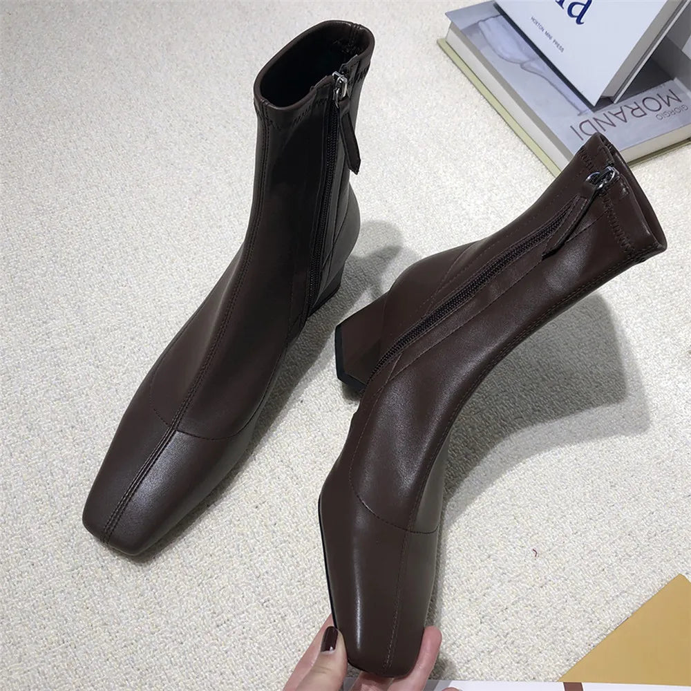 Diane Lockhart Square Toe Elastic Ankle Boots – Chic Thick-Heeled Bare Booties for Women