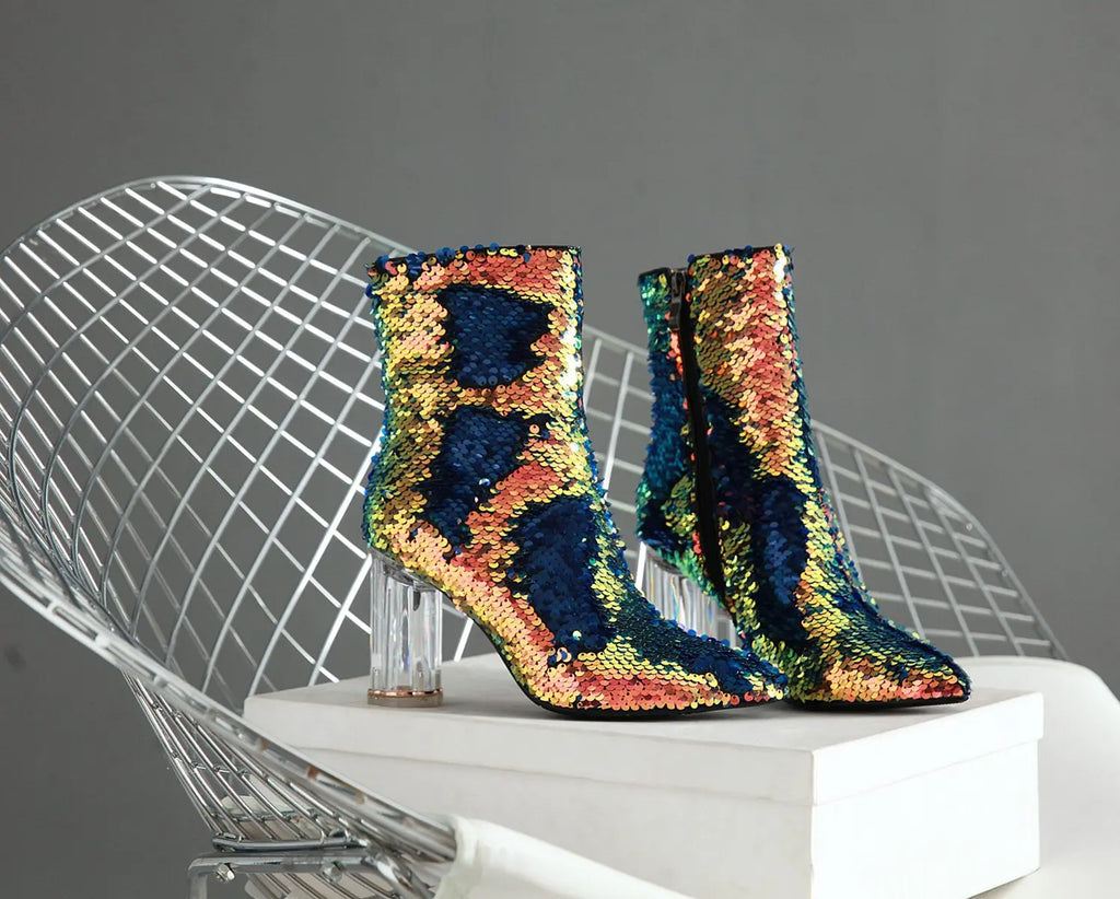 Sequined Short Boots – Women’s Bling Chunk Heel Pointed Toe Ankle Booties