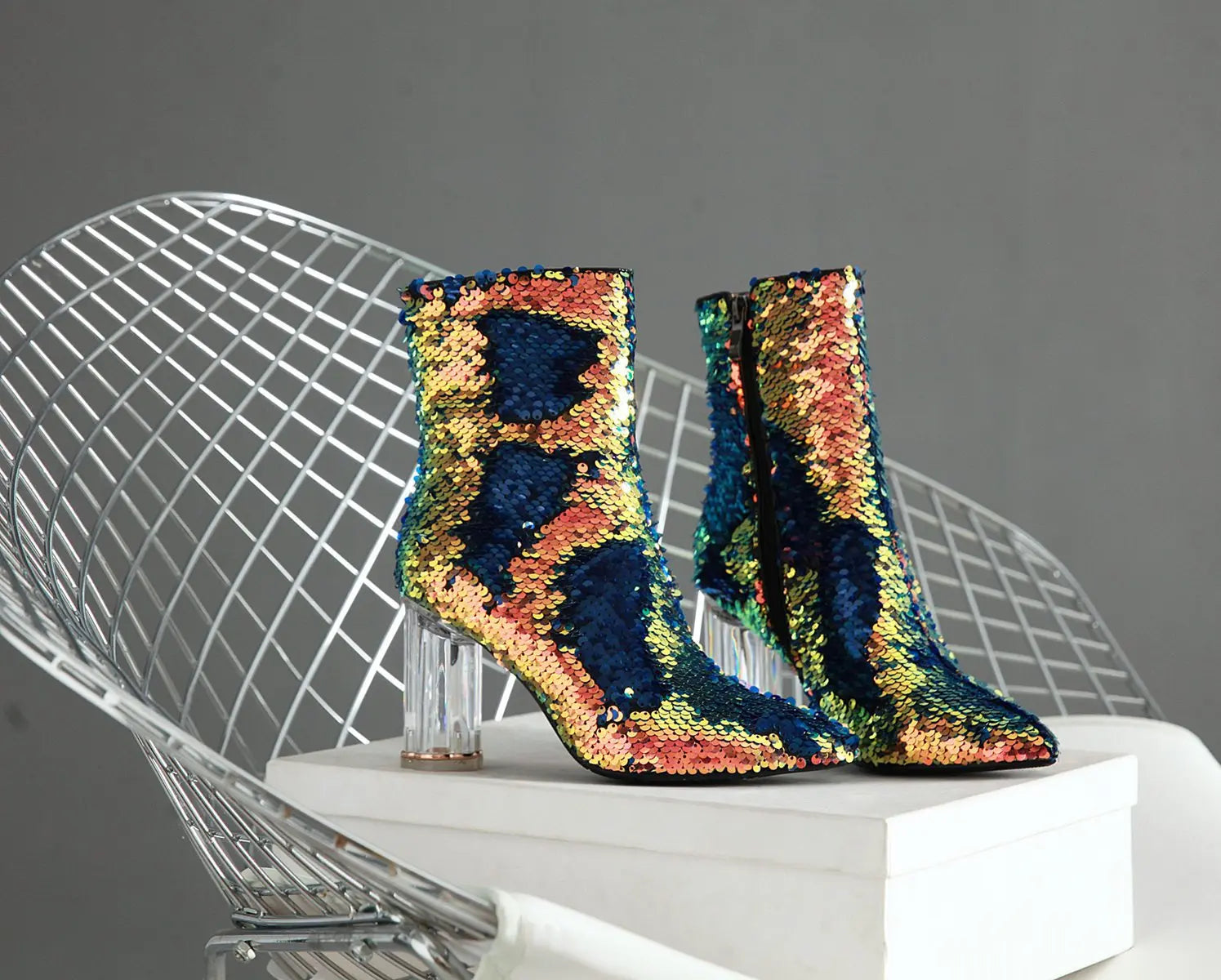 Sequined Short Boots – Women’s Bling Chunk Heel Pointed Toe Ankle Booties