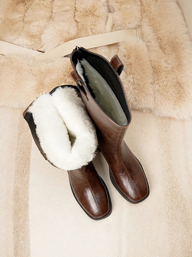 DIMANYU Women’s Mid-Calf Leather Winter Boots – Natural Wool