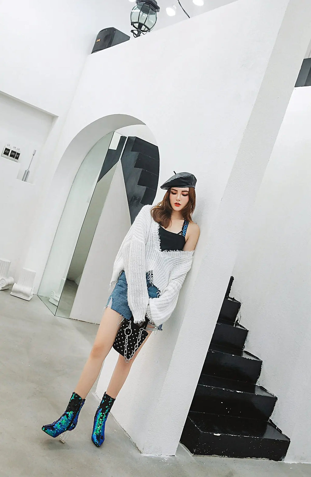 Sequined Short Boots – Women’s Bling Chunk Heel Pointed Toe Ankle Booties