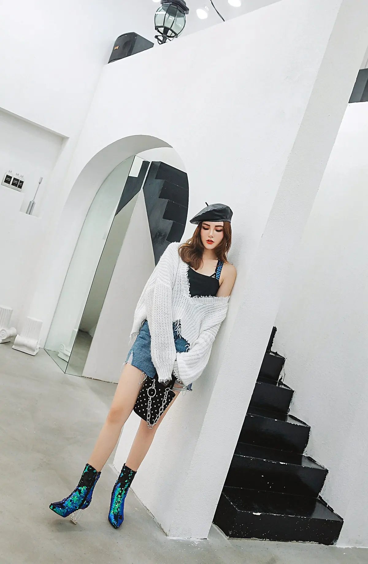 Sequined Short Boots – Women’s Bling Chunk Heel Pointed Toe Ankle Booties