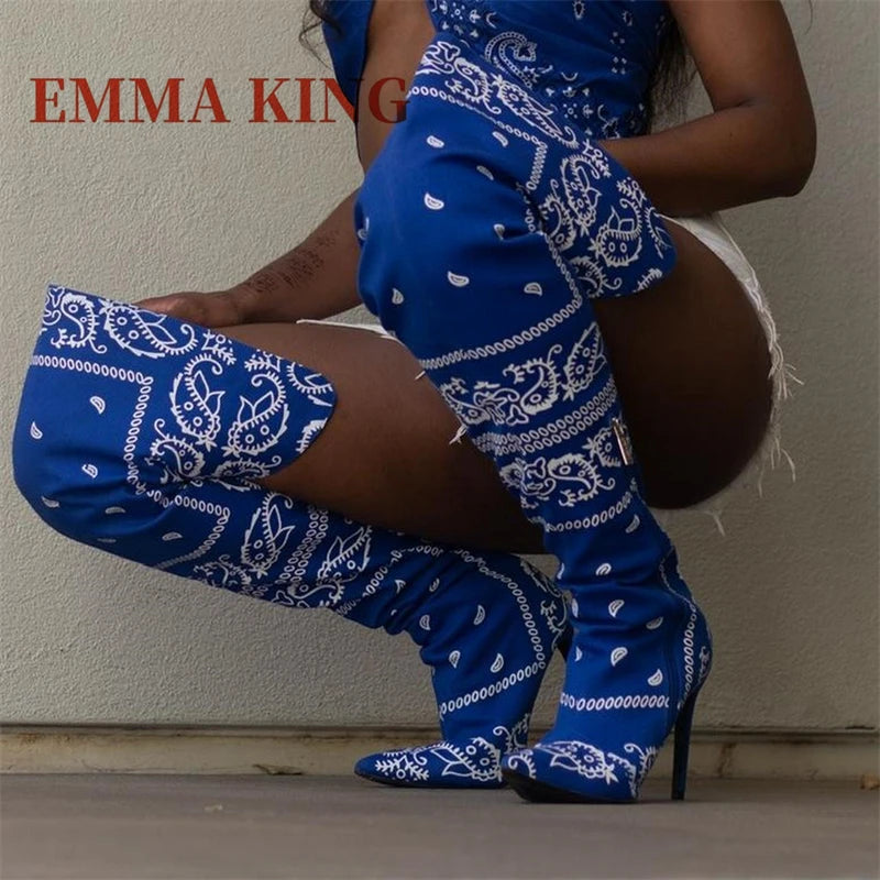 Thigh-High Bandana Print Boots – Sexy Pointed Toe Stiletto Heels