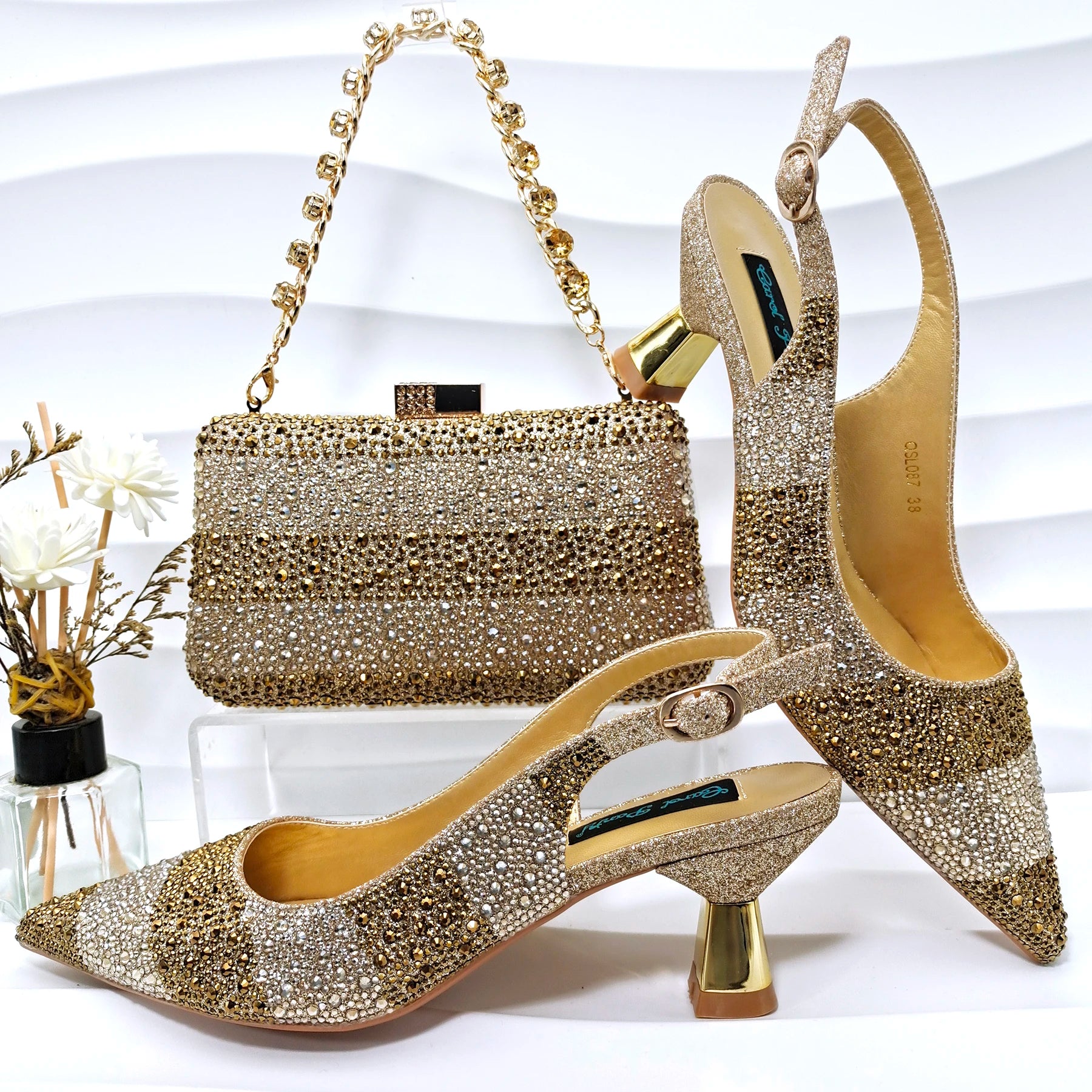 Rhinestone Satin Pumps & Clutch Set – Italian-Inspired Elegance
