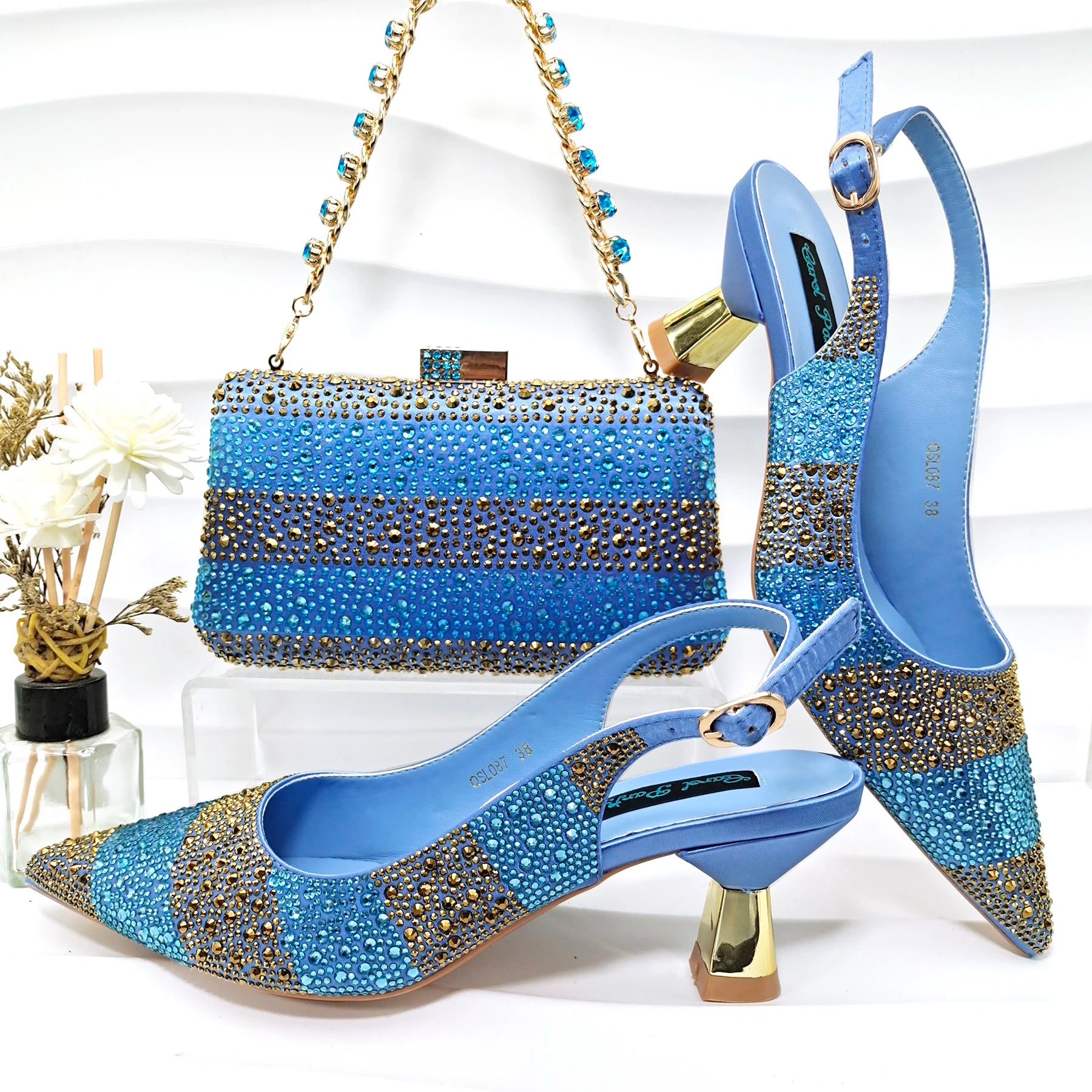 Rhinestone Satin Pumps & Clutch Set – Italian-Inspired Elegance