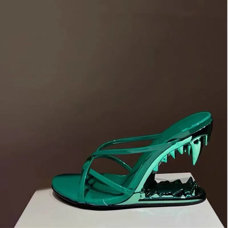 Teeth-Shaped Open-Toe Slippers with Unique Sloping Heel Design