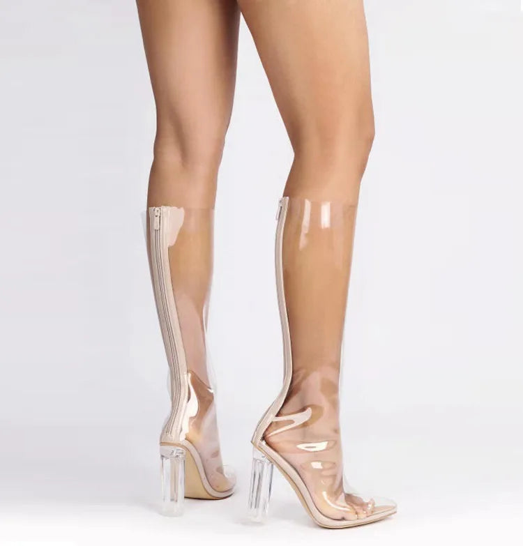 Sexy Pointed Crystal Transparent Knee-High Boots