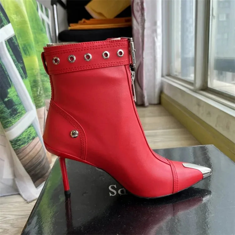 Pointed Ankle Boots – Belt Buckle & Front Zipper,