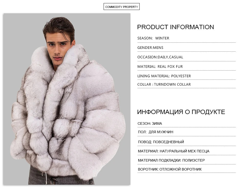 Man wearing a white fur coat with product information displayed on the right.