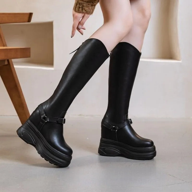 Fujin Women’s Microfiber Leather Ankle Boots – 11cm Chunky Wedge Heels