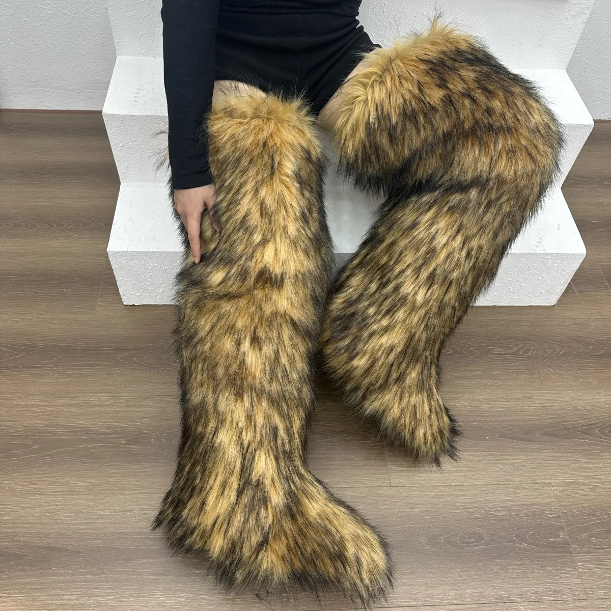 Faux Mongolian Thigh-High Boots Winter Warm Faux Fur Flat Over-the-Knee