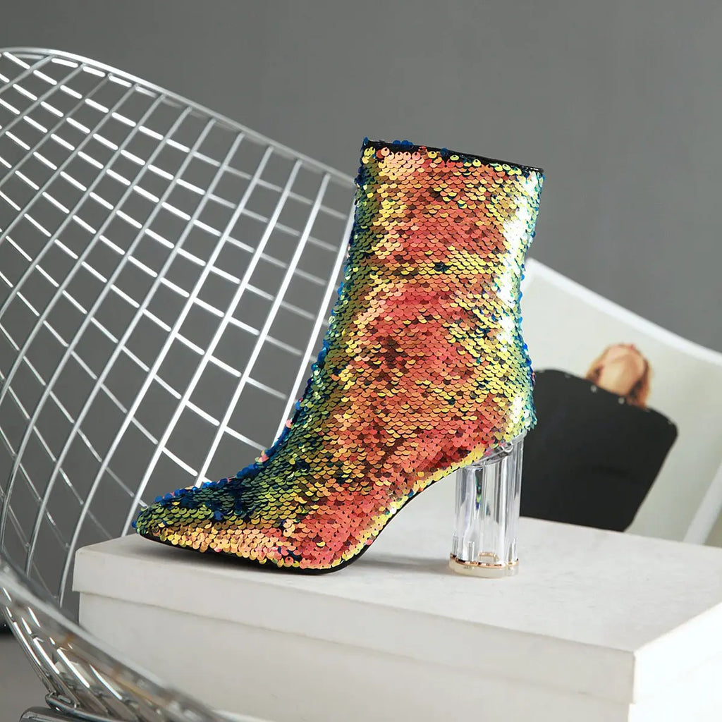 Sequined Short Boots – Women’s Bling Chunk Heel Pointed Toe Ankle Booties