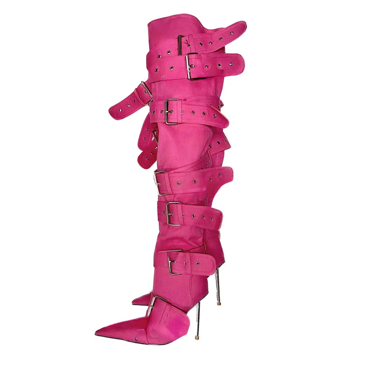 SLSHLYJ Denim Rivet Over-the-Knee Boots – 12cm Heels, Punk Silver Buckle