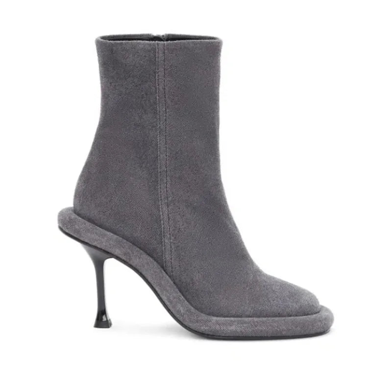 SLSHLYJ Women’s Blue Denim Ankle Boots – High Heel Thick Sole