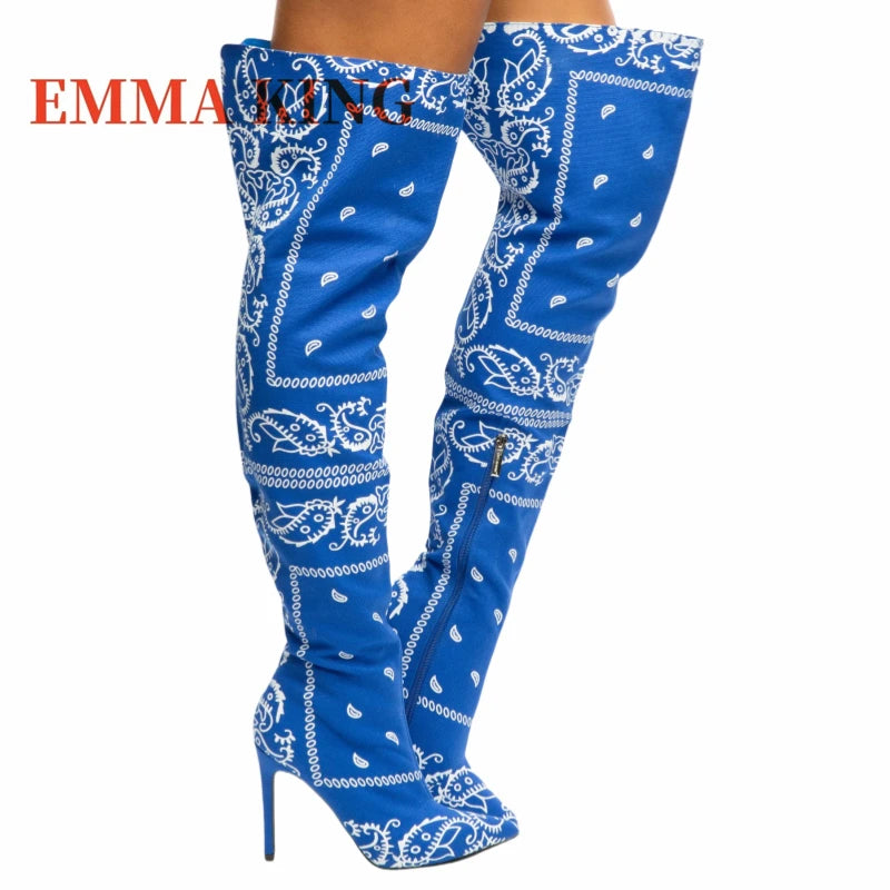 Thigh-High Bandana Print Boots – Sexy Pointed Toe Stiletto Heels