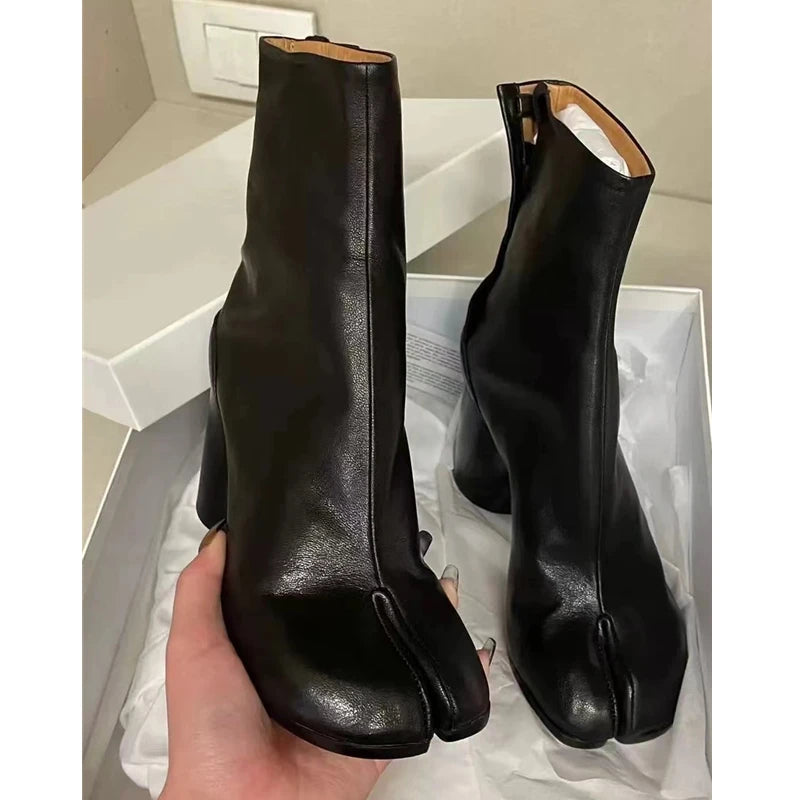 Women’s Split-Toe Tabi Ankle Boots – Chunky High Heel Chelsea Short Booties