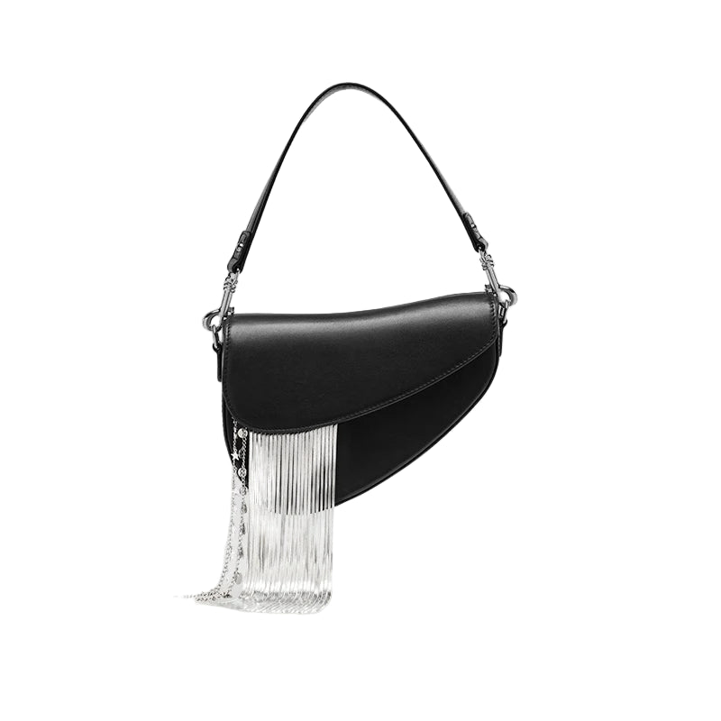 Black handbag with silver fringe details on a light gray background, featuring the brand 