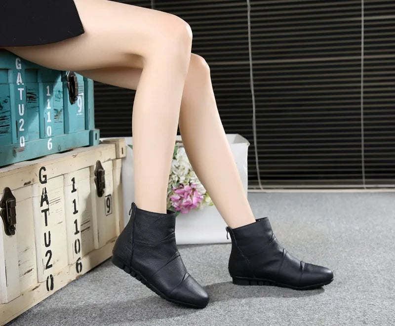 WOIZGIC Women’s Genuine Leather Platform Ankle Boots Zipper Warm Plush Autumn Winter