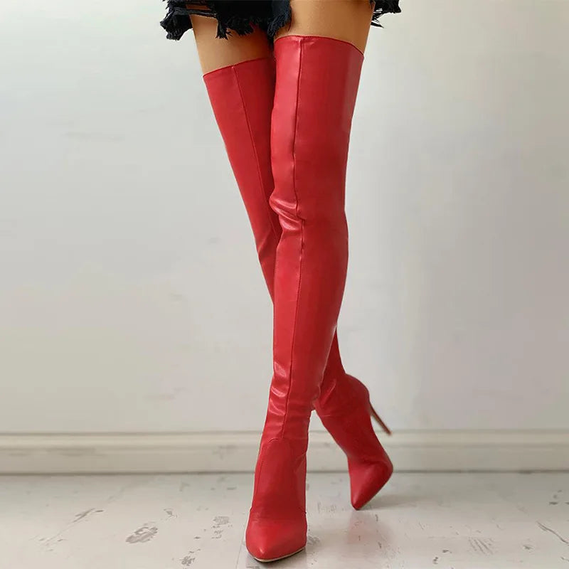 Over-the-Knee Thigh High Boots – Stretch PU Leather High Heel Winter Shoes