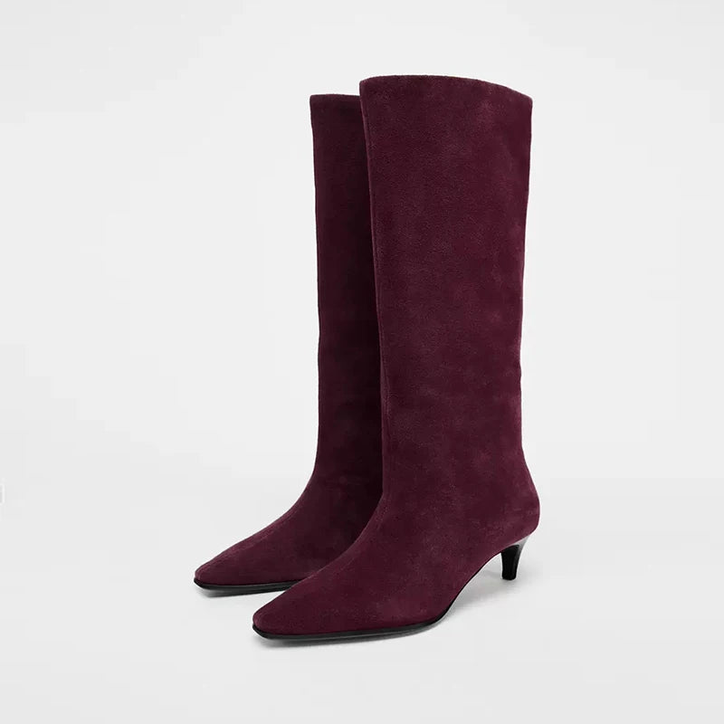 Cow Suede Knee-High Boots – Square Toe Thin High Heels