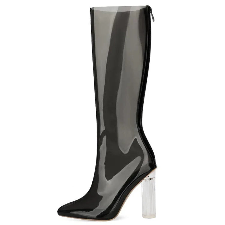 Sexy Pointed Crystal Transparent Knee-High Boots