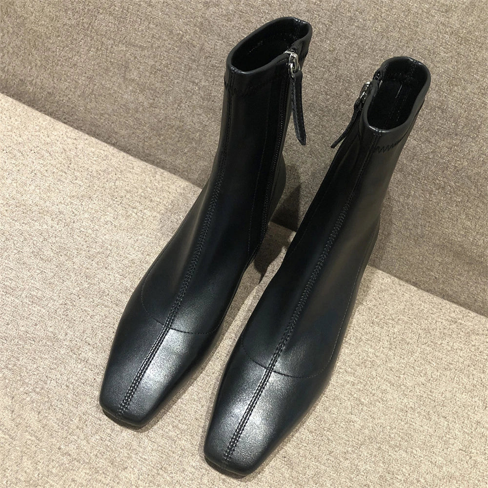 Diane Lockhart Square Toe Elastic Ankle Boots – Chic Thick-Heeled Bare Booties for Women