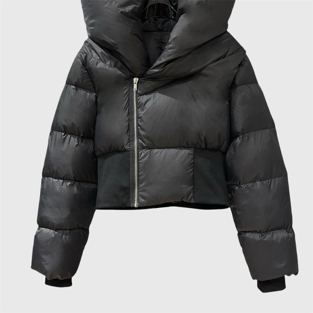 HKSH Asymmetrical Short Down Jacket – Stand Collar Dark Style Winter Coat for Women