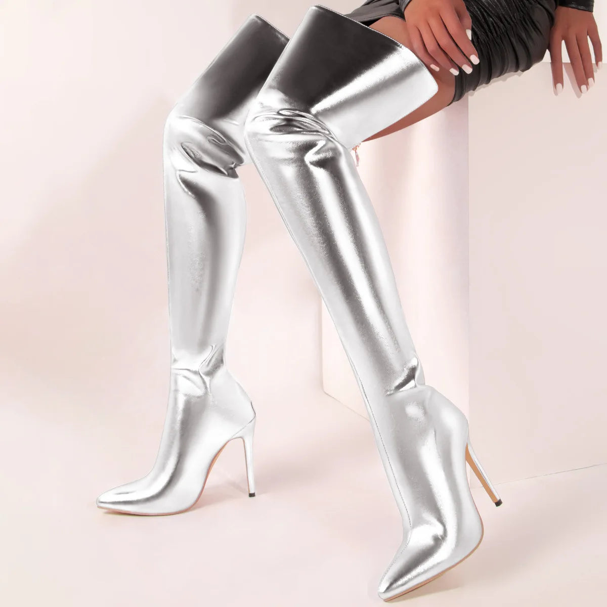 Fyluan Women’s Shiny Gold Over-the-Knee Boots – 11cm High Heels, Pointed Toe