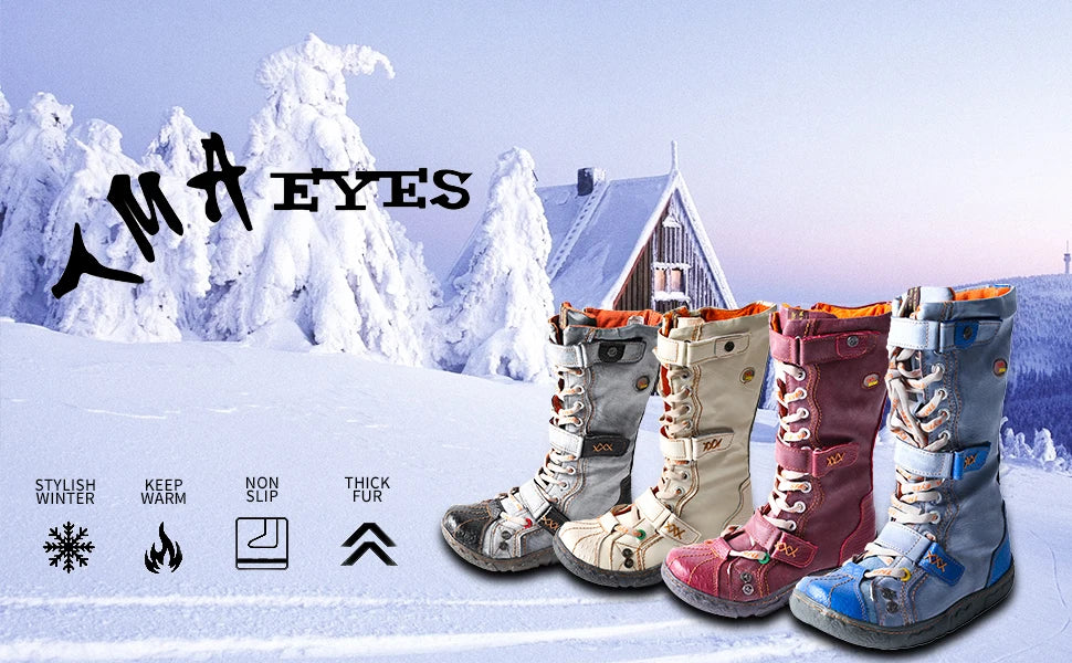 TMA EYES Washed PU Leather Flat Winter Boots – Warm Plush Lining, Mid-Calf