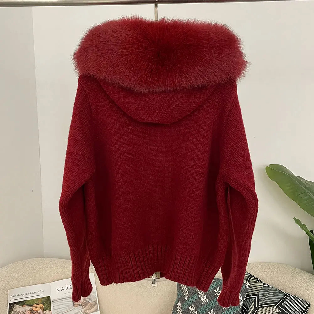 Real Fox Fur Hooded Sweater – Loose Knit Zipper Cardigan
