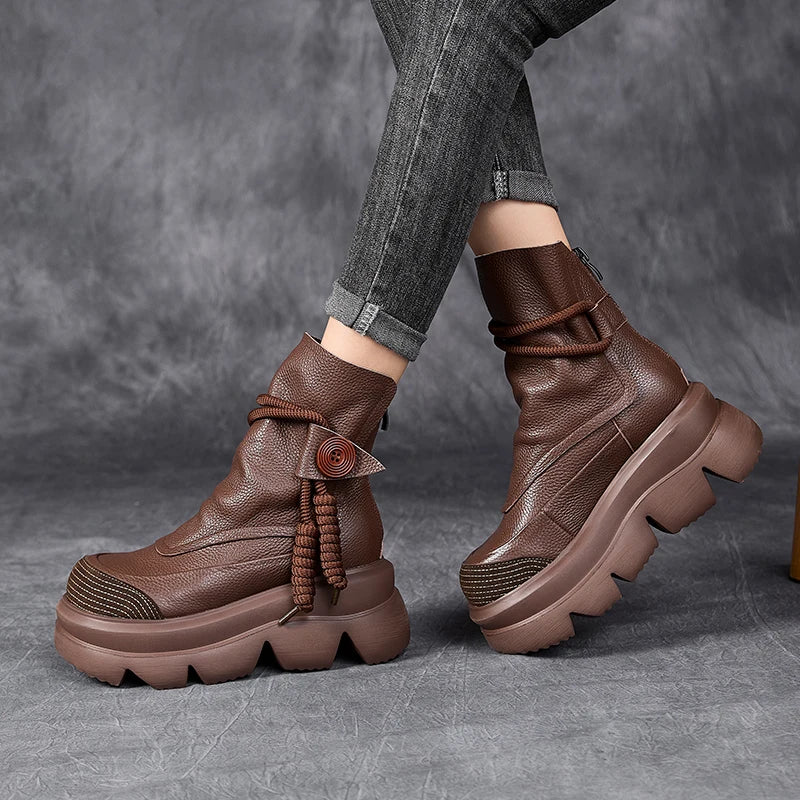 Koznoy 2025 Cow Leather Ankle Boots – Women’s Punk Flat Zip Booties