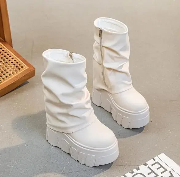 Calf Ankle Booties – PU Leather Motorcycle Boots with Platform, Winter 2025