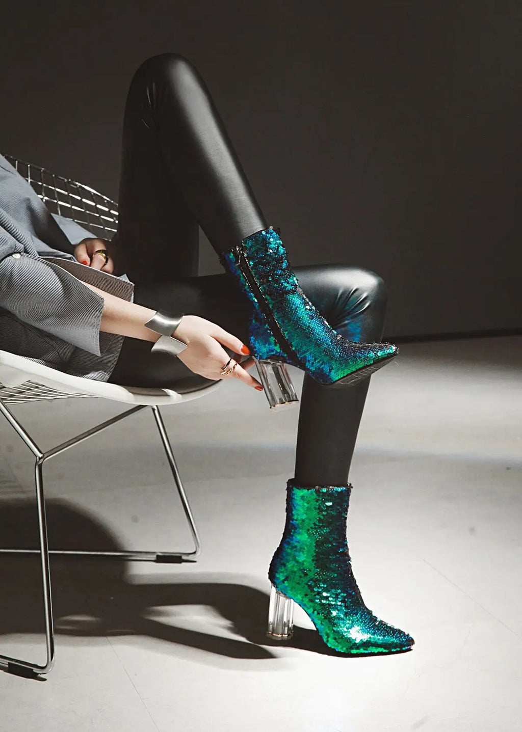 Sequined Short Boots – Women’s Bling Chunk Heel Pointed Toe Ankle Booties