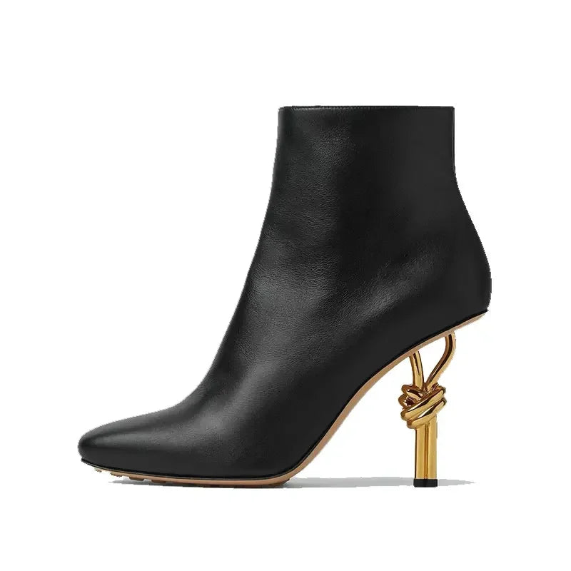 Thermal Square Toe Ankle Boots – Metal Knot Heel Stiletto Boots for Women