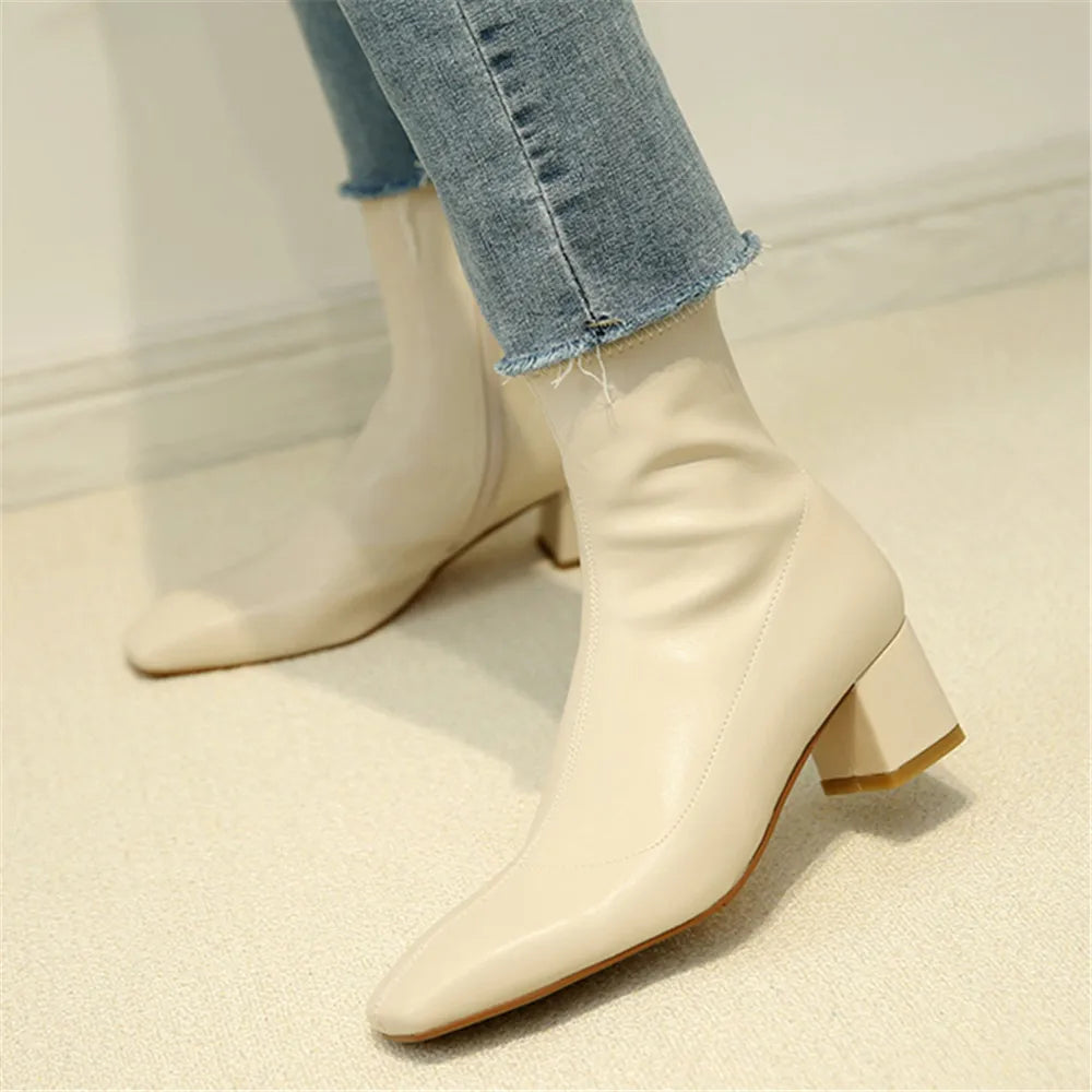 Diane Lockhart Square Toe Elastic Ankle Boots – Chic Thick-Heeled Bare Booties for Women