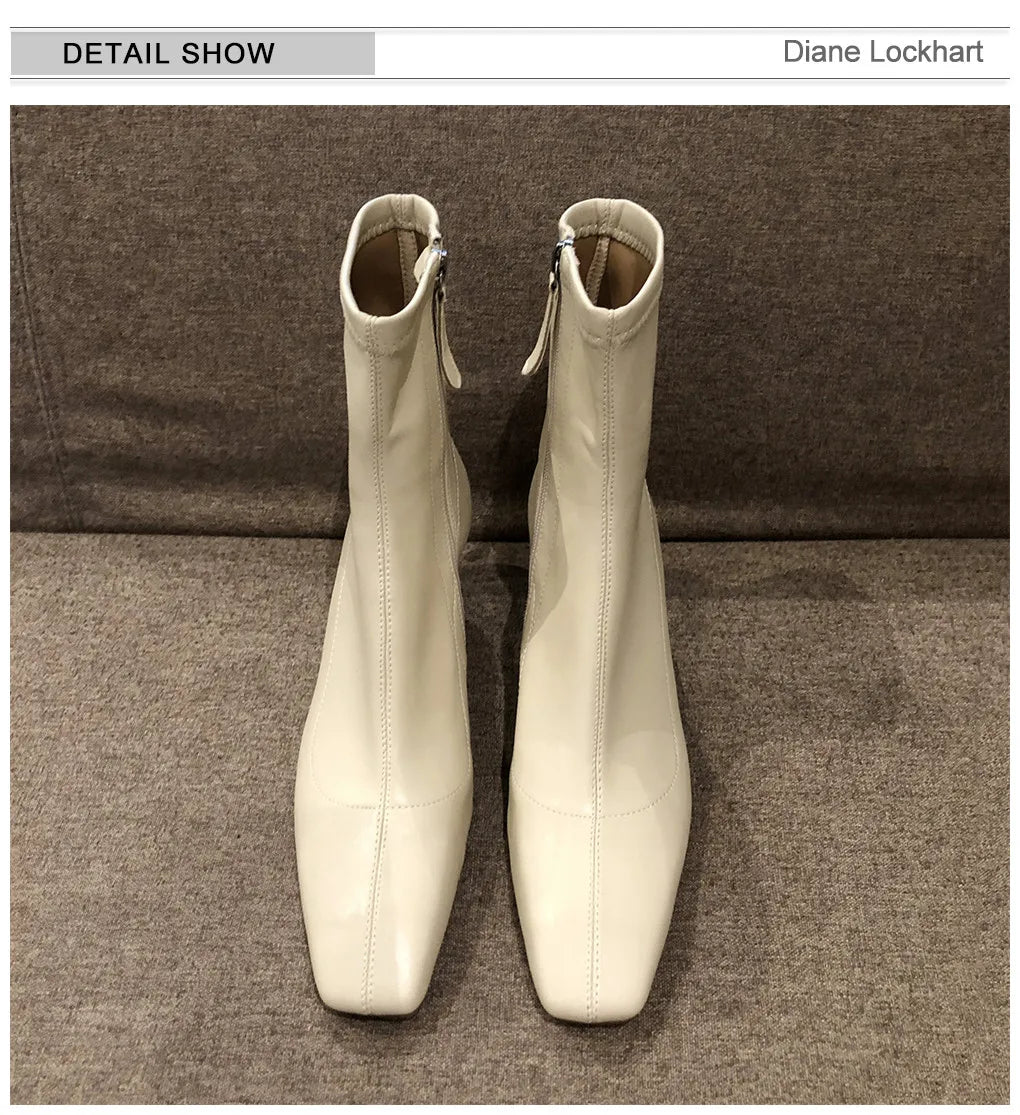 Diane Lockhart Square Toe Elastic Ankle Boots – Chic Thick-Heeled Bare Booties for Women