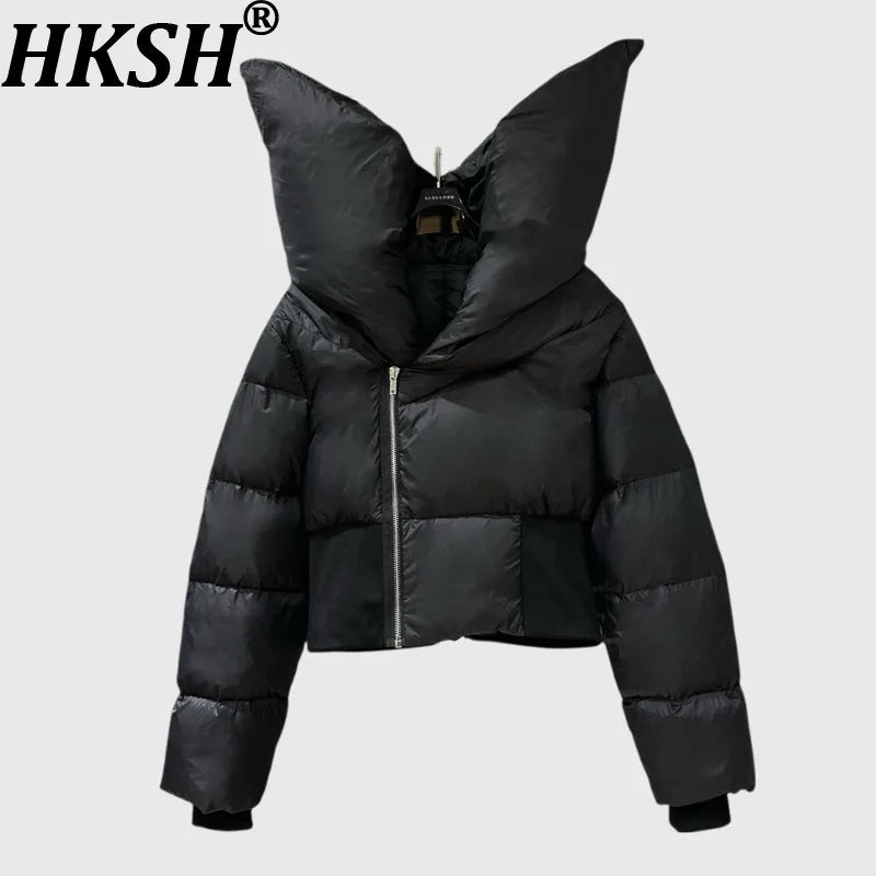 HKSH Asymmetrical Short Down Jacket – Stand Collar Dark Style Winter Coat for Women