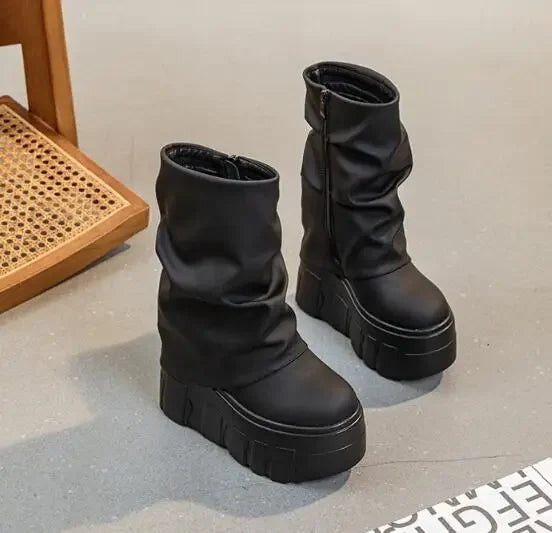 Calf Ankle Booties – PU Leather Motorcycle Boots with Platform, Winter 2025