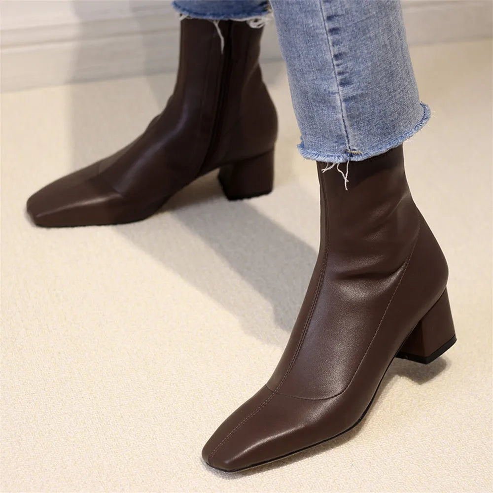 Diane Lockhart Square Toe Elastic Ankle Boots – Chic Thick-Heeled Bare Booties for Women
