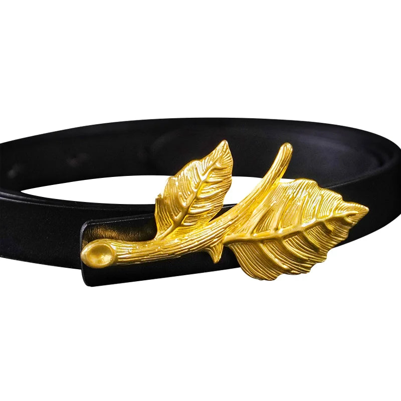 Four Seasons Women’s Original Design Leather Belt – Metal Alloy Leaves Series