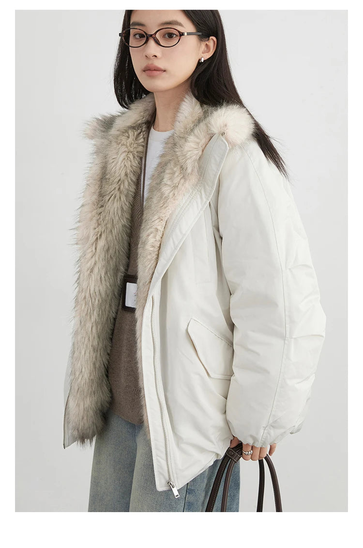 Korean Women’s Down Coat – Loose Hooded Jacket with Faux Fur Collar, 90% White Duck Down, Autumn/Winter 2025