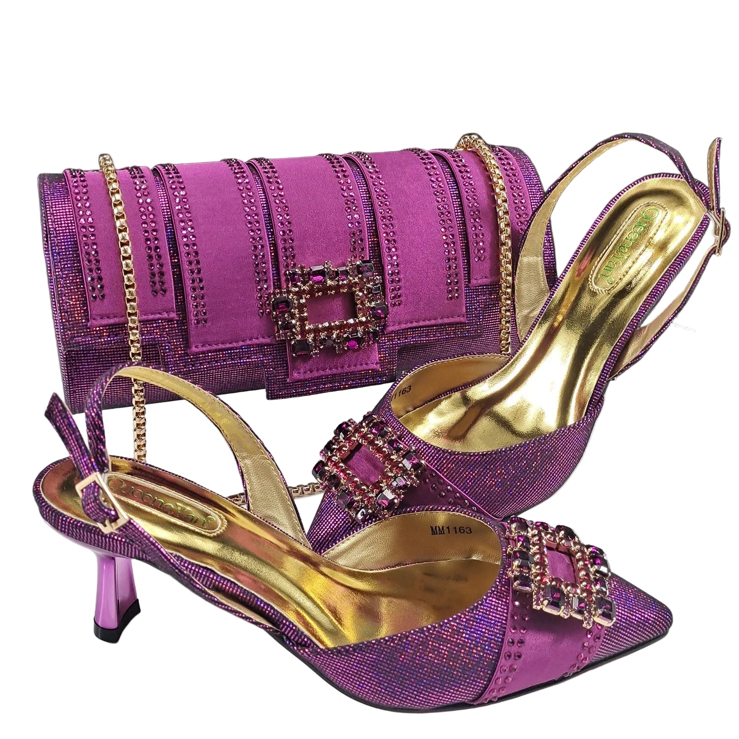 Purple high-heeled shoes with gold accents and matching bag on a white background, featuring the brand 'Queena Yan'.