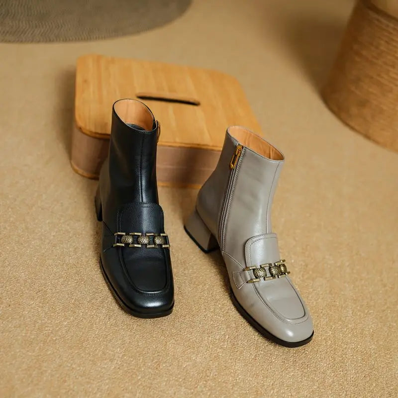 ASUMER Women’s Genuine Leather Ankle Boots – Zipper Square Mid Heels for Autumn & Winter