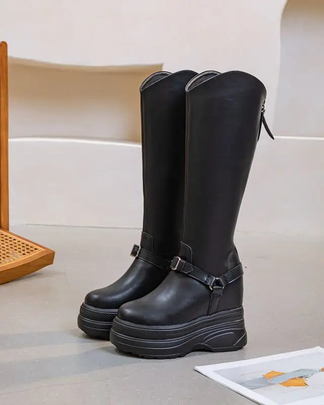 Fujin Women’s Microfiber Leather Ankle Boots – 11cm Chunky Wedge Heels