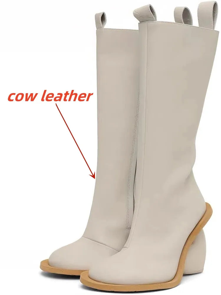 2024 Genuine Leather Mid-Calf Boots for Women – Round Toe High Heels