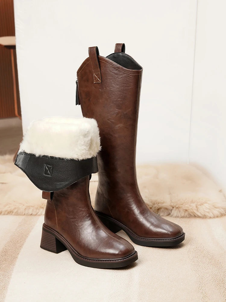 DIMANYU Women’s Mid-Calf Leather Winter Boots – Natural Wool