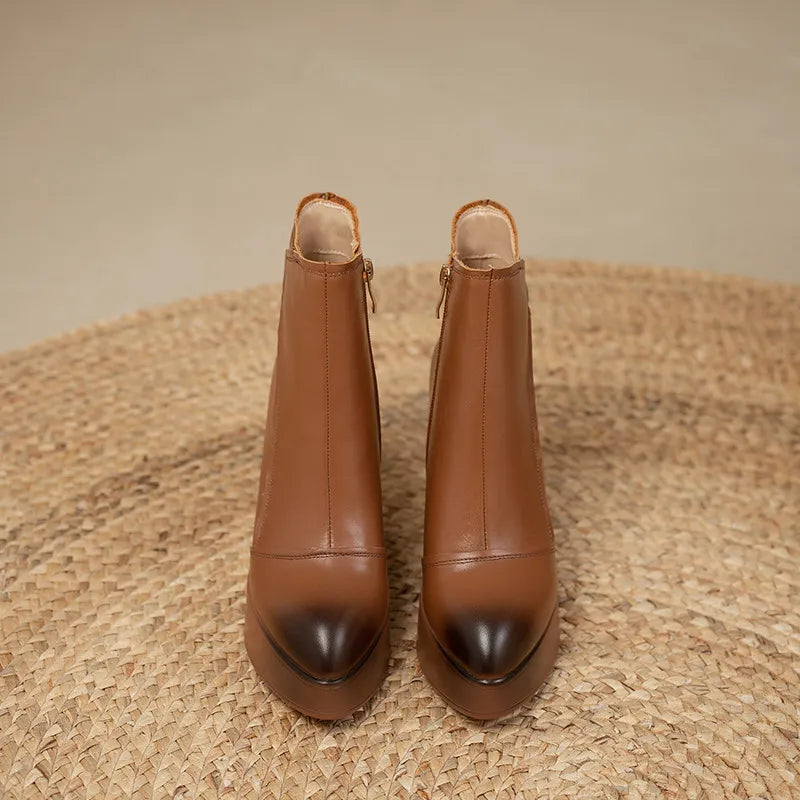 MKKHOU Genuine Leather Pointed Toe Wedge Boots