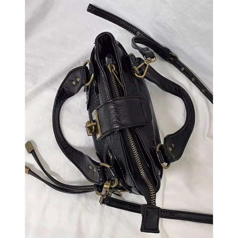 Y2K Motorcycle Handbag – Retro Leopard Print Distressed PU Leather Bag for Women