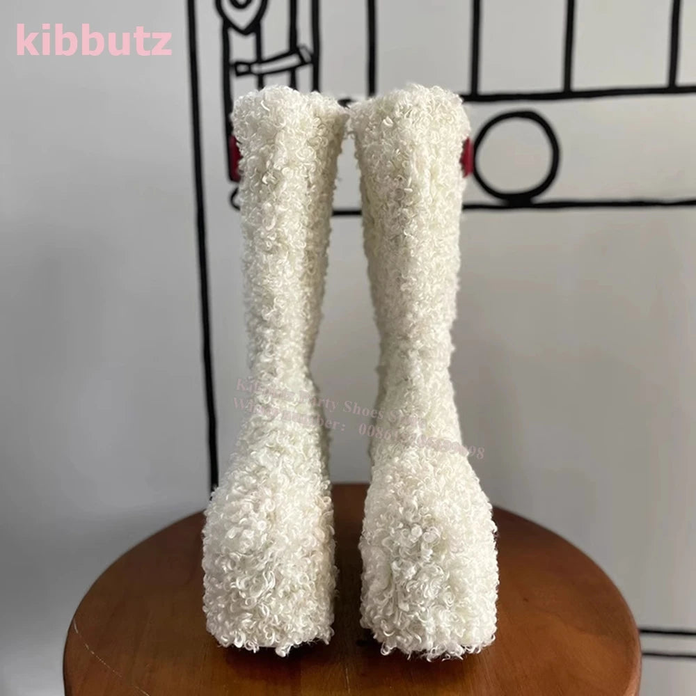 Kibbutz Women’s Lamb’s Wool Knee-High Boots – Warm Snow Fur Bowknot Platform Shoes