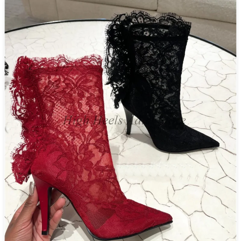 Bondarenko Sexy Lace Embroidered Ankle Boots – Pointed Toe High Heel Designer